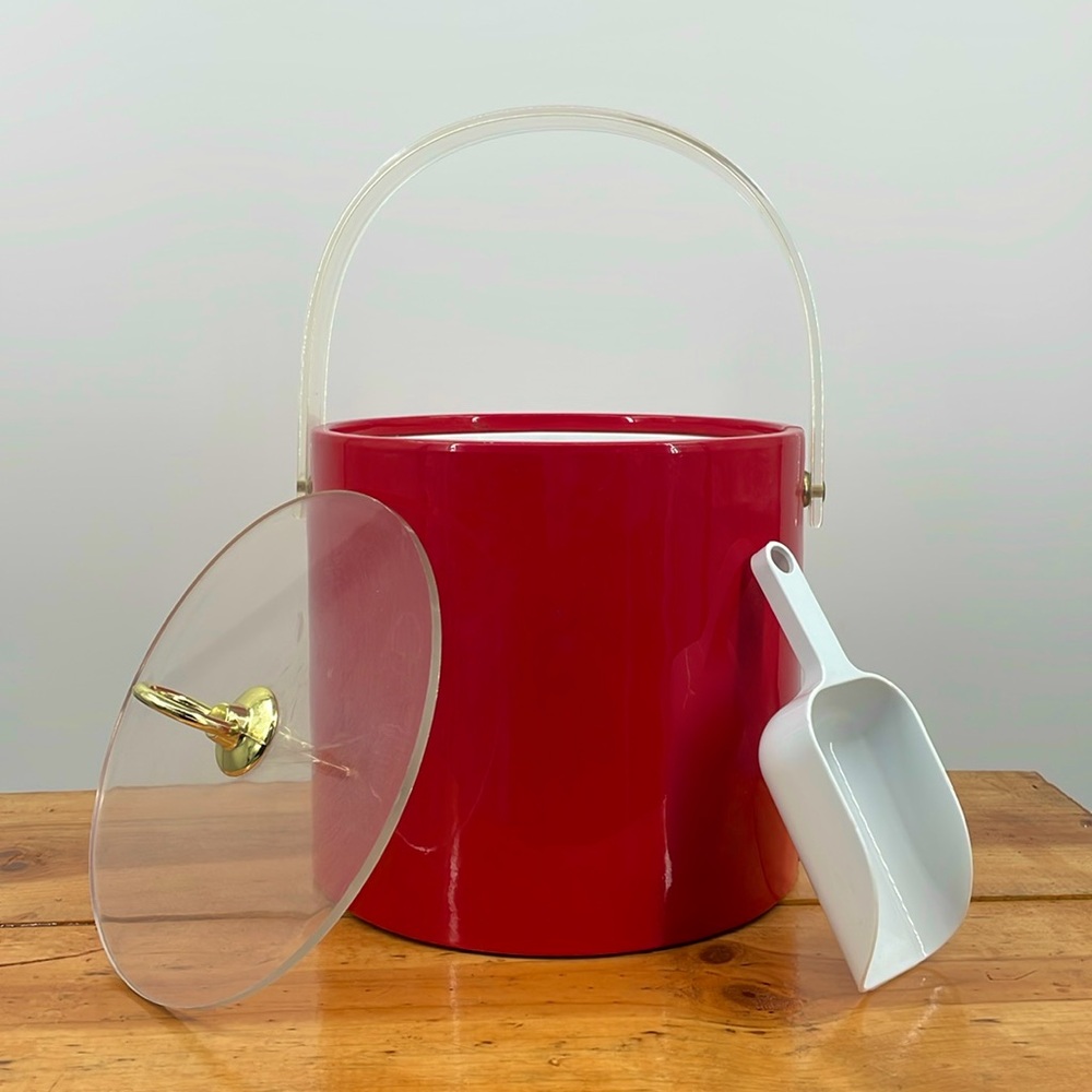 Vintage 60’s Red Mid Century Ice Bucket w/ Scoop Mod Acrylic Handle Barware